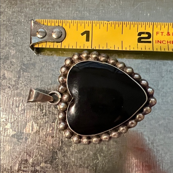 Southwestern Taxco mexican Black Heart Sterling Silver Pendant and Earring Set, - Picture 2 of 7